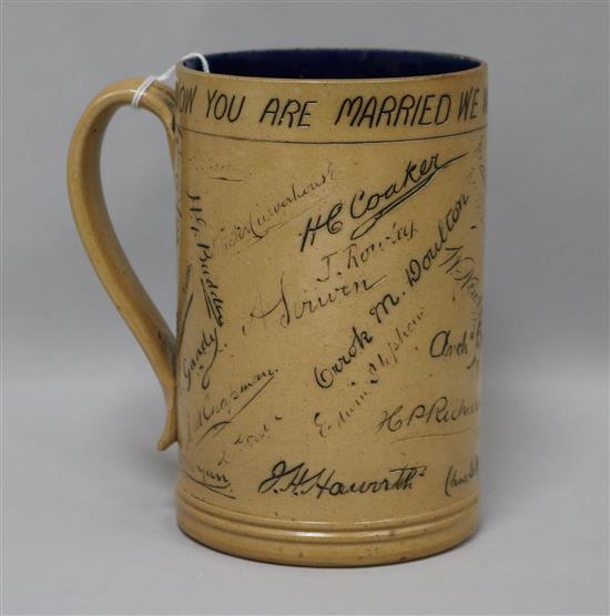 A Doulton Lambeth presentation mug, incised with signatures of the factory workers on the marriage of the Baron@ H.16.5cm.
